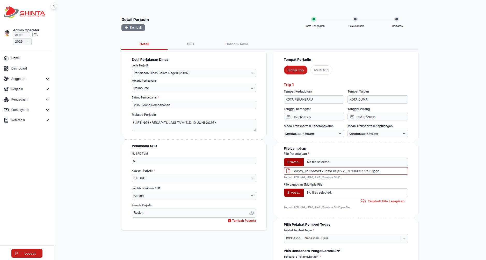 Perjadin detail — official travel form with stages, trips, and attachments.