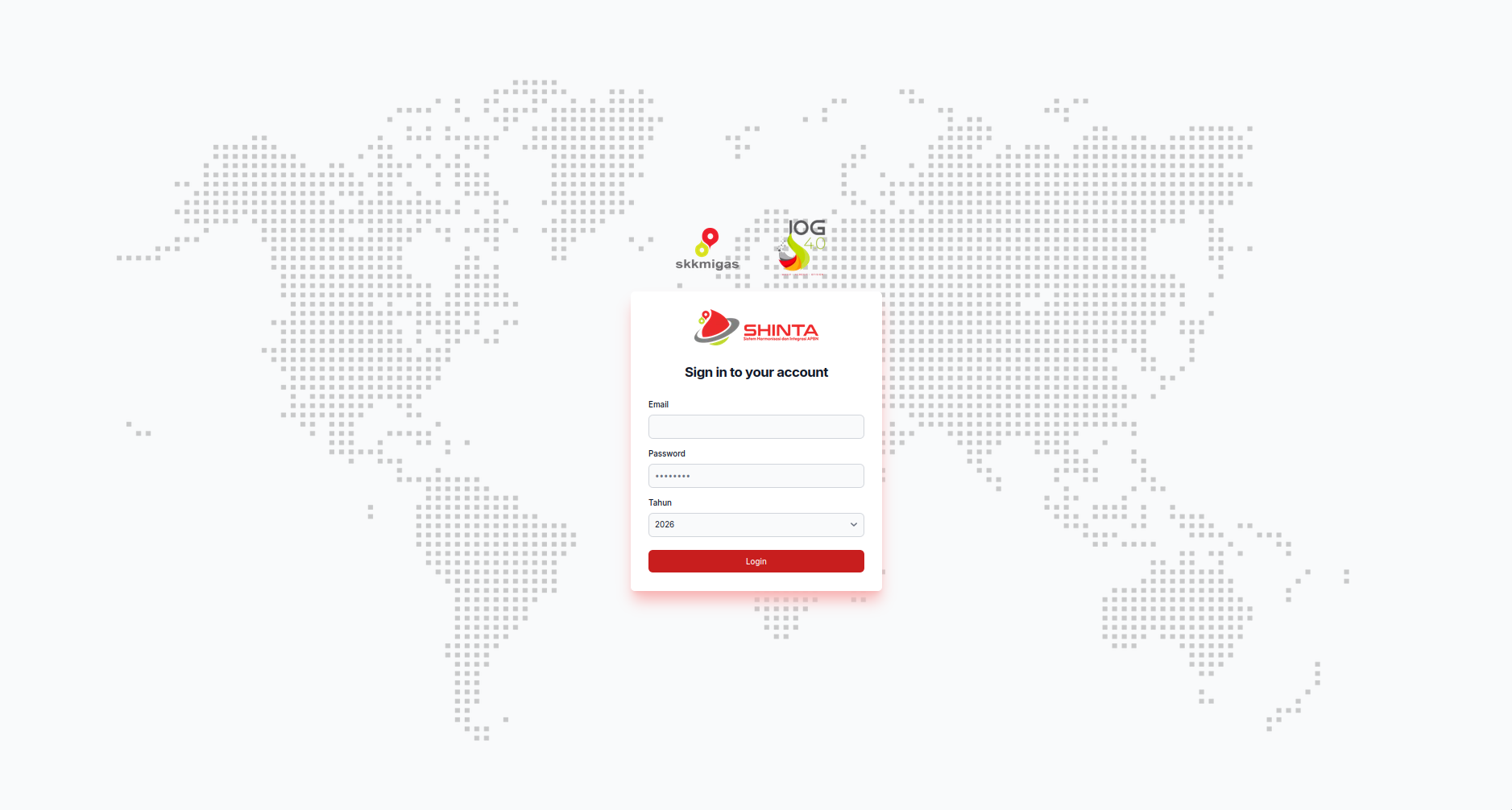 SHINTA sign-in — SKK Migas internal workspace with fiscal-year selection.